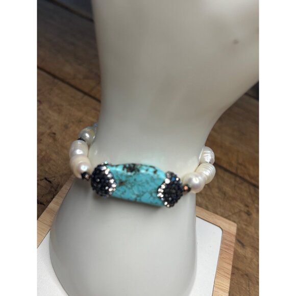 Turquoise & Pearl Stretch Bracelet With Swarovski Crystal Pave Accents - Picture 3 of 12